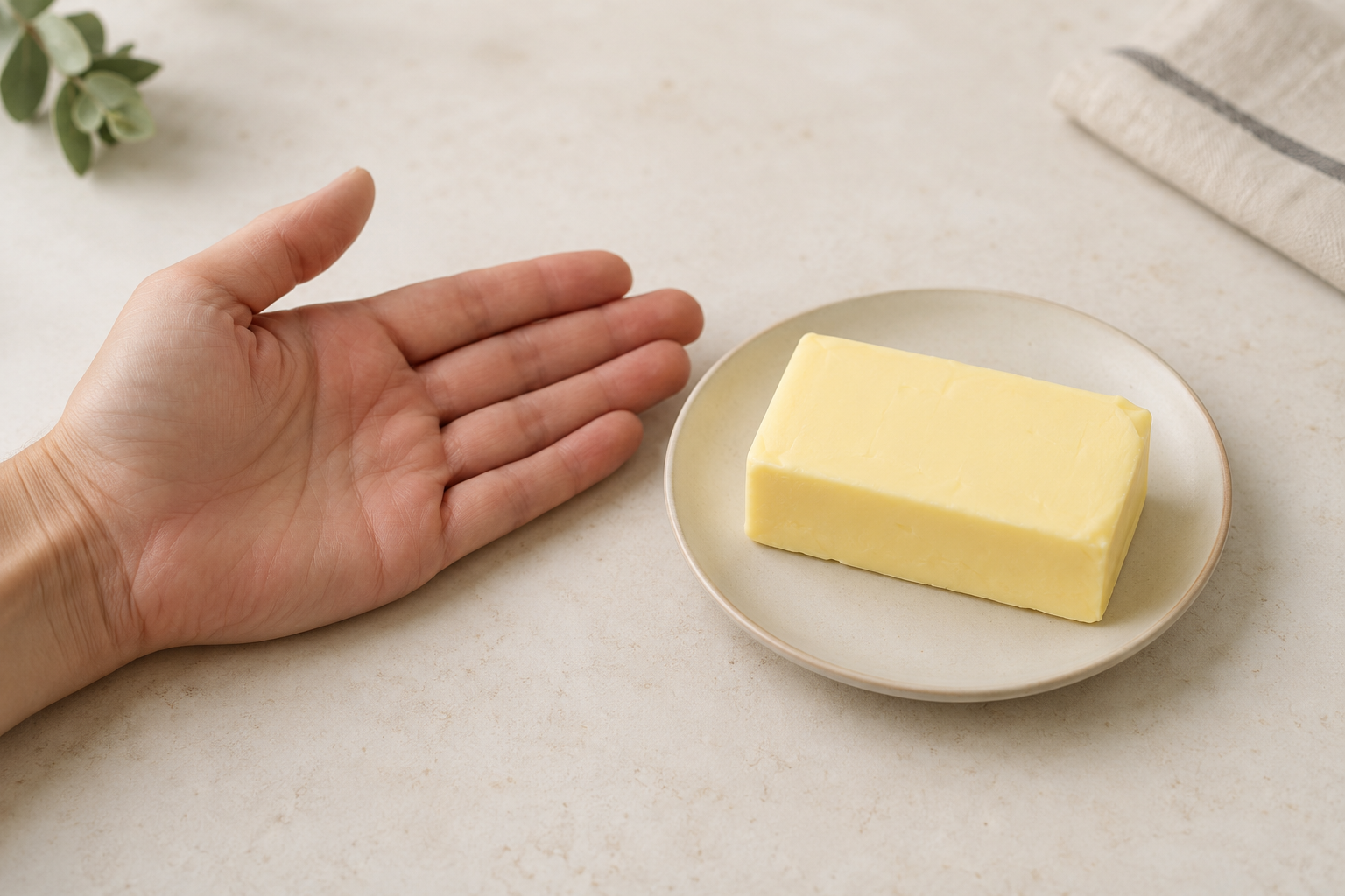 Illustration of a compact 200 gram butter portion on a plate beside an open hand for scale